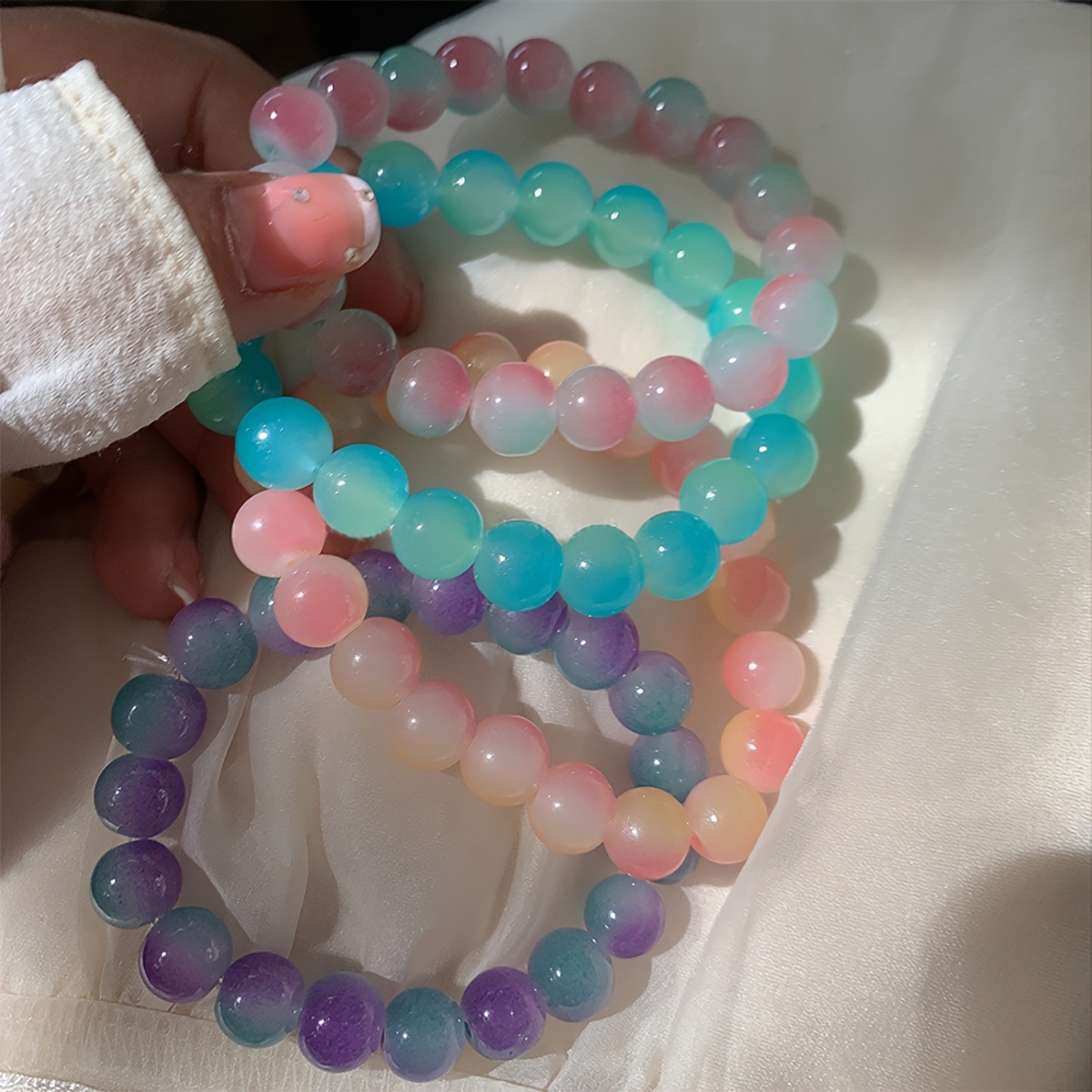 3pcs Pastel Glass Beaded Bracelets Bohemian Style Elastic & Colorful Gift